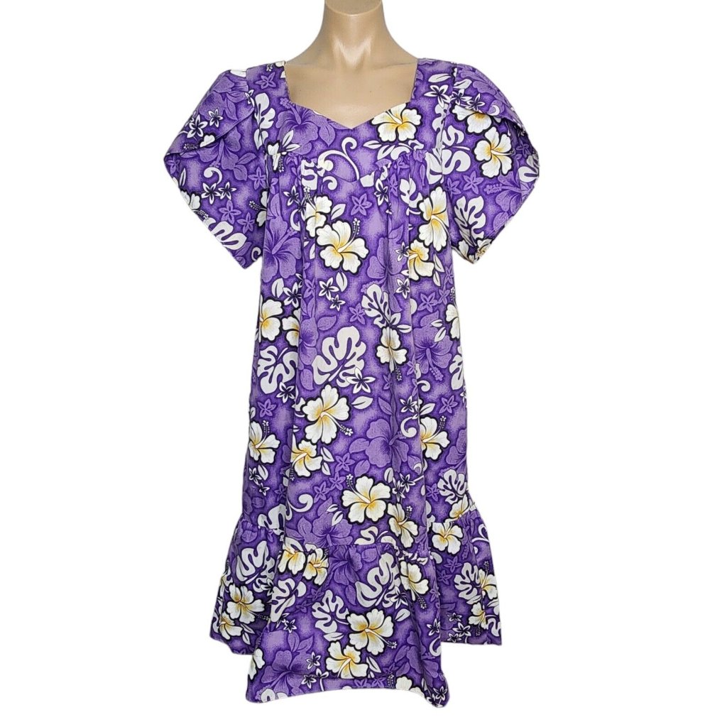 Vintage 80's Jade Fashions Of Hawaii Dress Flower Purple Mumu Hibiscus